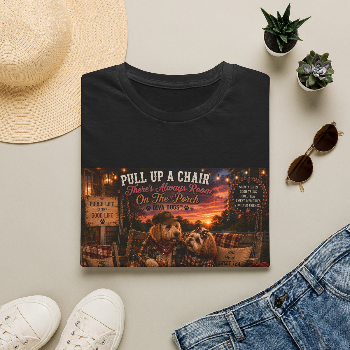 Pull up a chair™ | Porch Dogs™ Collection | Cozy Country Dog Lover T-Shirt