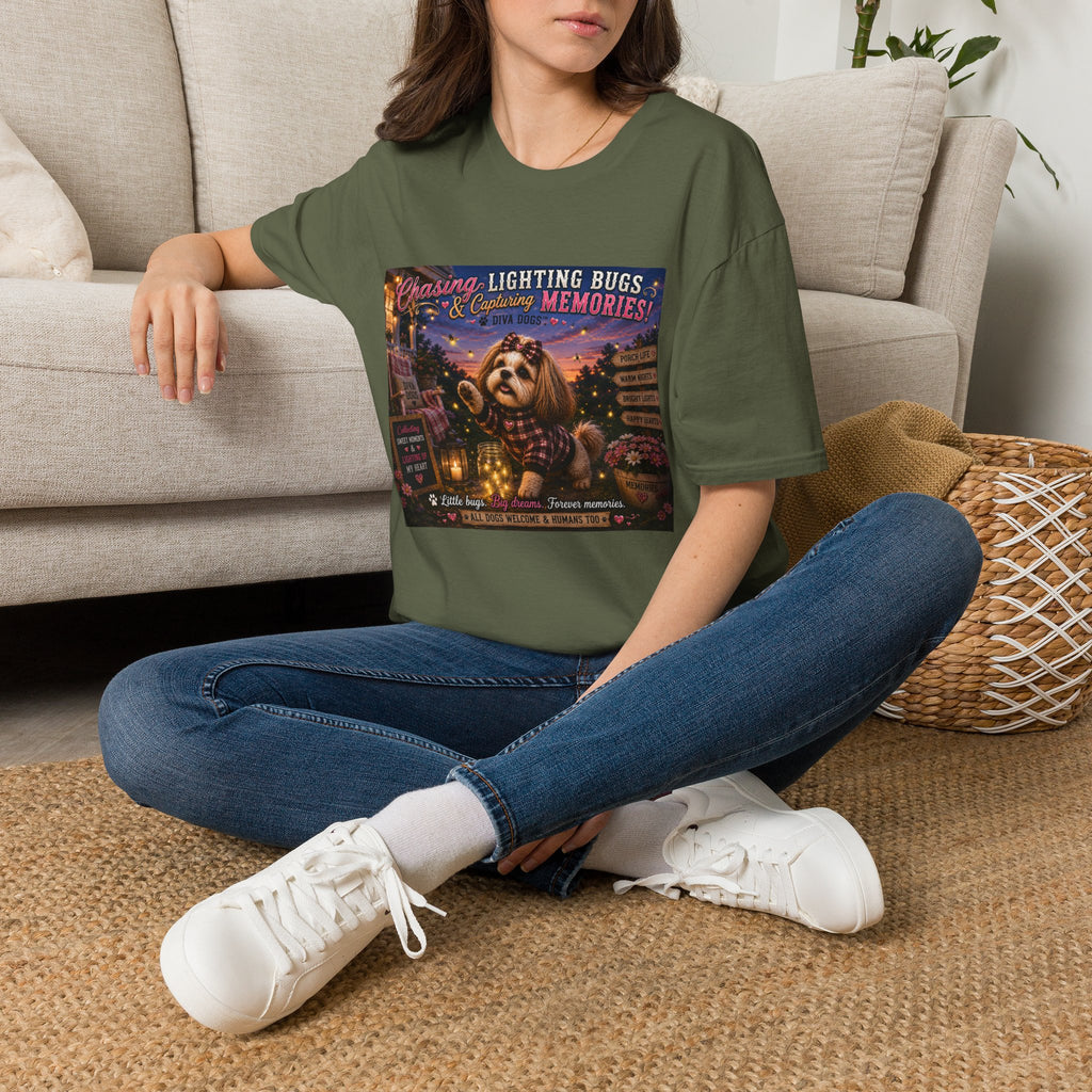 Chasing Lightning Bugs & Capturing Memories!™ | Diva Dogs™ | Cozy Fall Dog Lover T-Shirt | Porch Life Collection