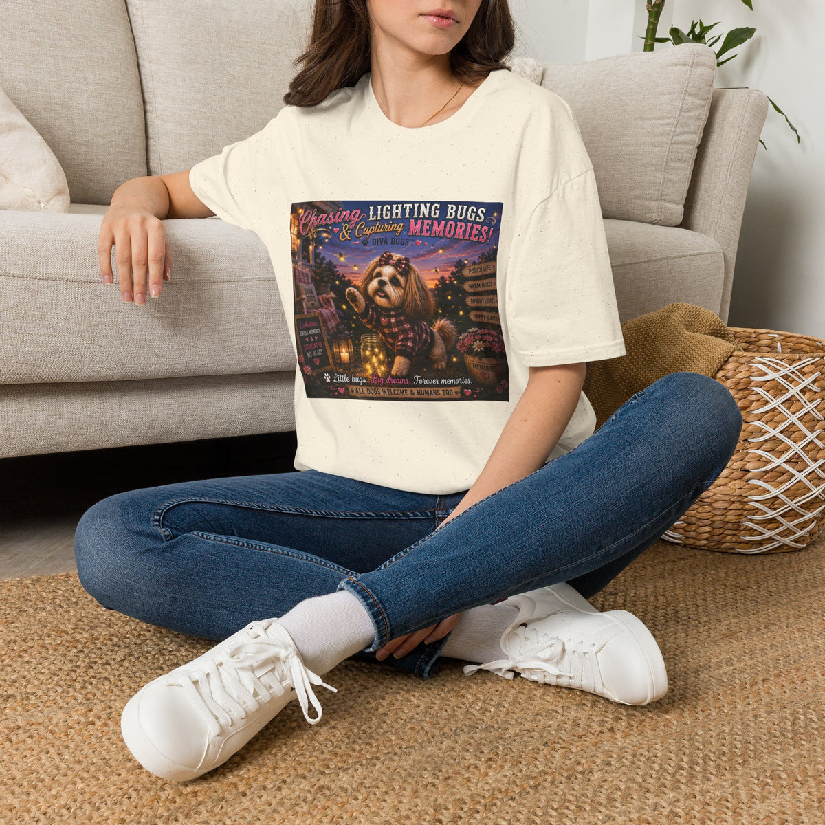 Chasing Lightning Bugs & Capturing Memories!™ | Diva Dogs™ | Cozy Fall Dog Lover T-Shirt | Porch Life Collection