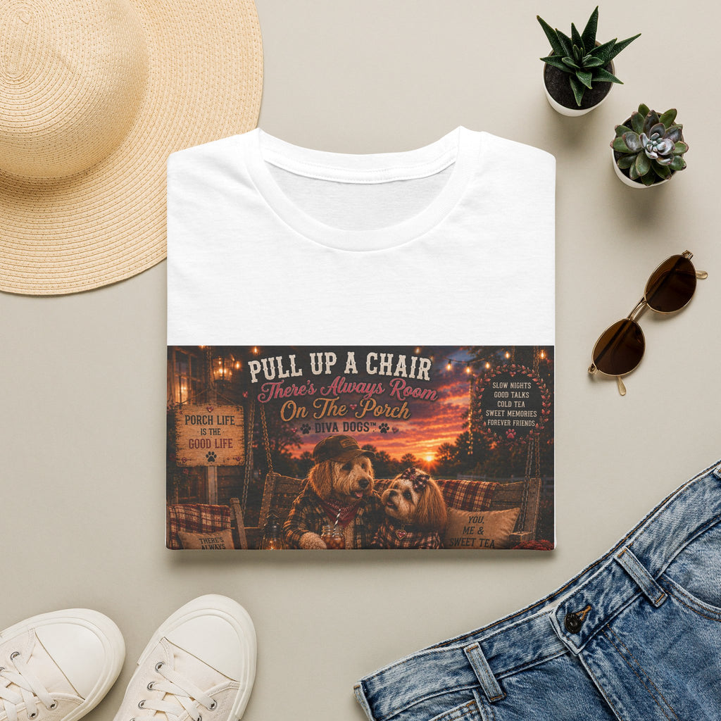 Pull up a chair™ | Porch Dogs™ Collection | Cozy Country Dog Lover T-Shirt