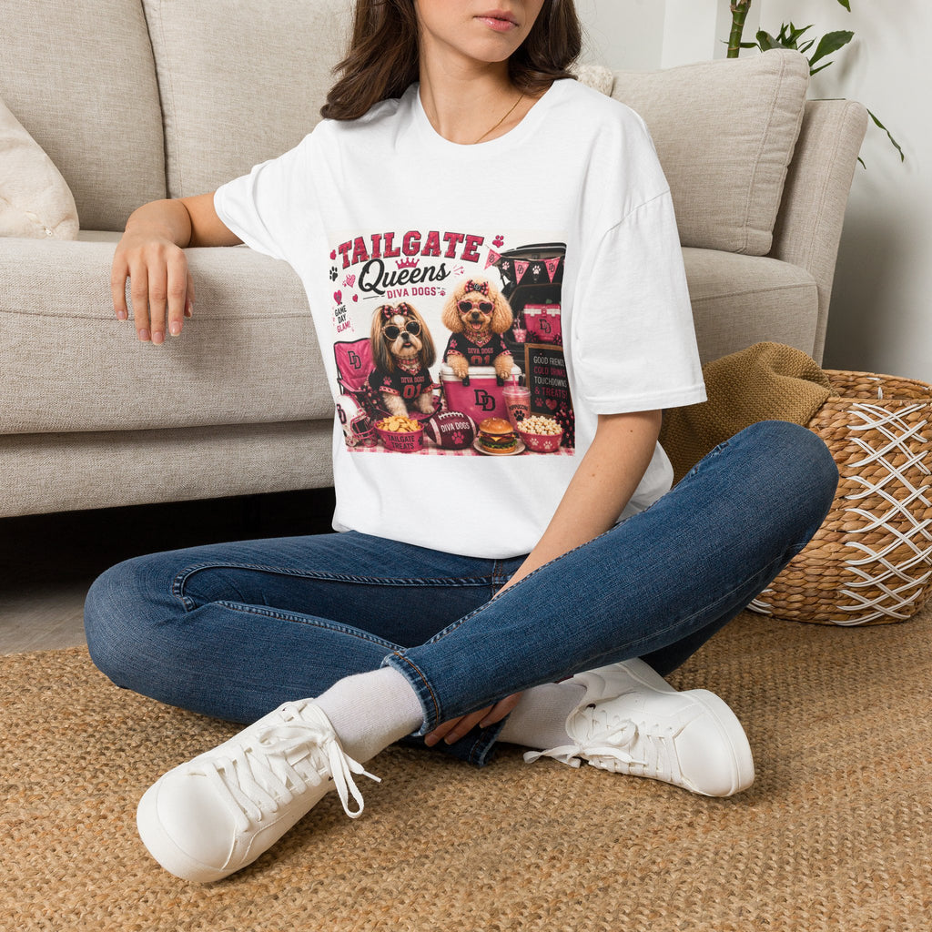 Tailgate Queens™ | Diva Dogs™ | Football Game Day Dog Lover T-Shirt | Glam Tailgate Party Tee