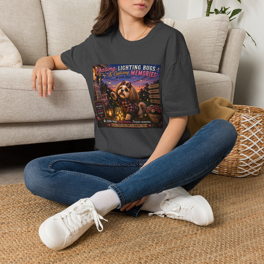 Chasing Lightning Bugs & Capturing Memories!™ | Diva Dogs™ | Cozy Fall Dog Lover T-Shirt | Porch Life Collection